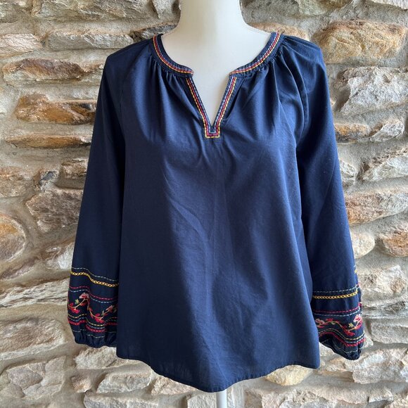 NAUTICA JEANS CO. Embroidered, Navy Blue, Peasant Top, Blouse Sz Small, S NWT - Picture 2 of 12